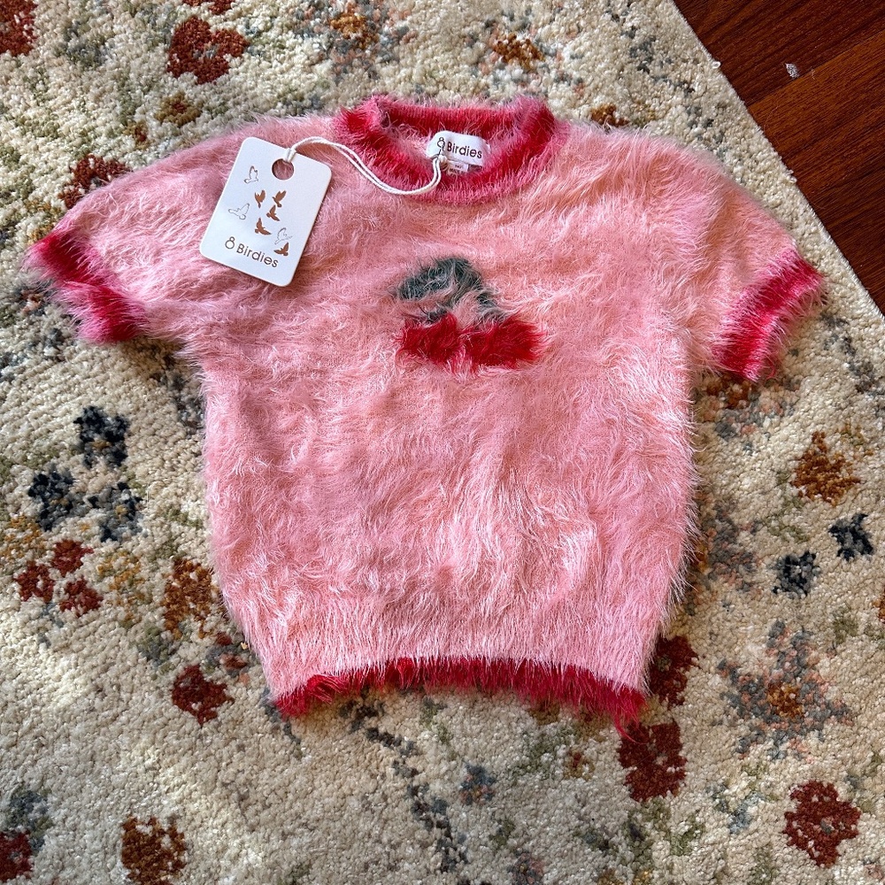 Birdies Pink Fuzzy Crop Top with Red Contrast Trim